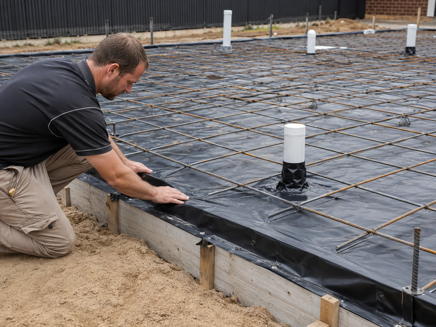Pre-construction slab preparation with pipe penetrations and termite barrier planning area