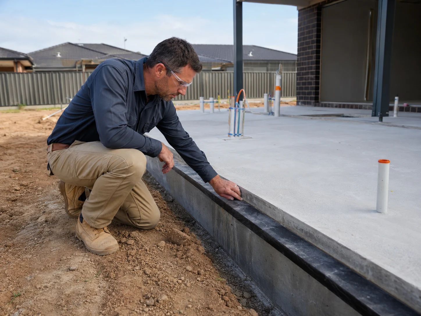 Foundation edge being checked during termite barrier planning