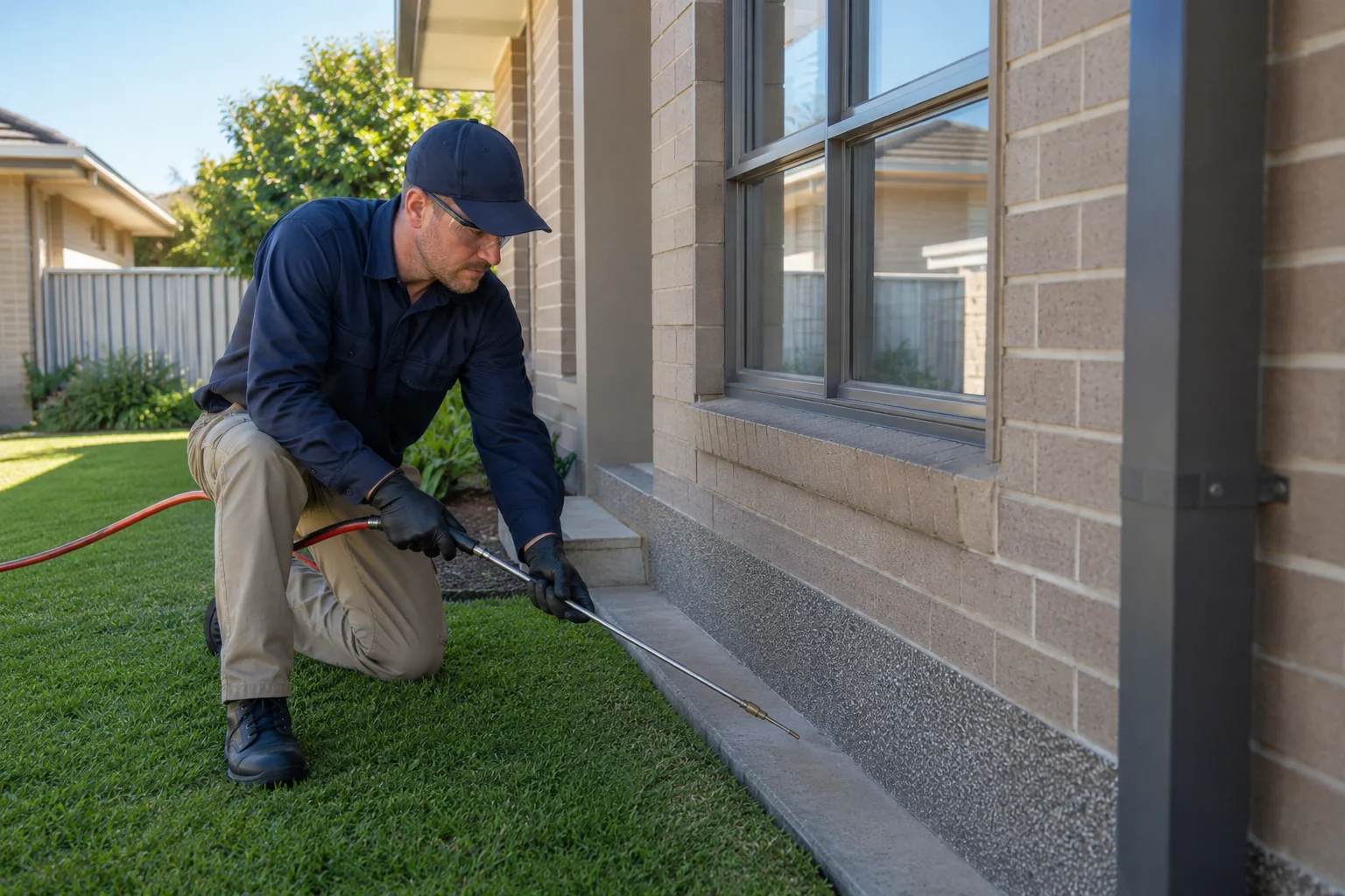 Pest-control style treatment around the exterior perimeter of a home