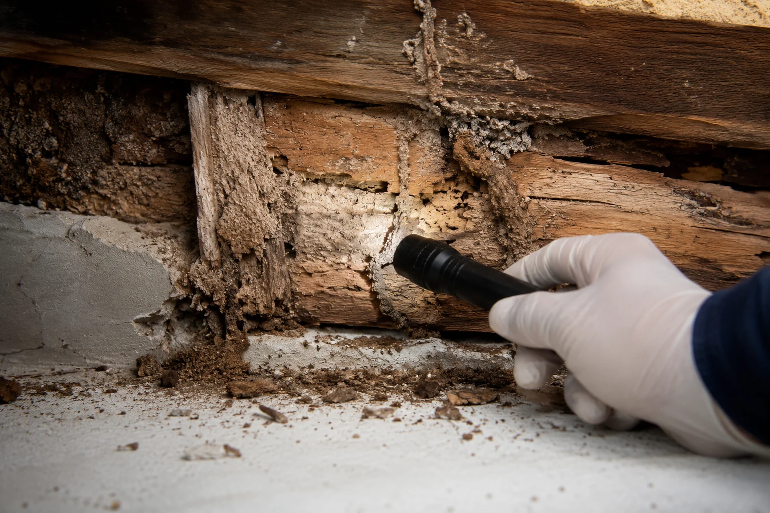 Close-up inspection of damaged timber with possible termite or timber pest activity
