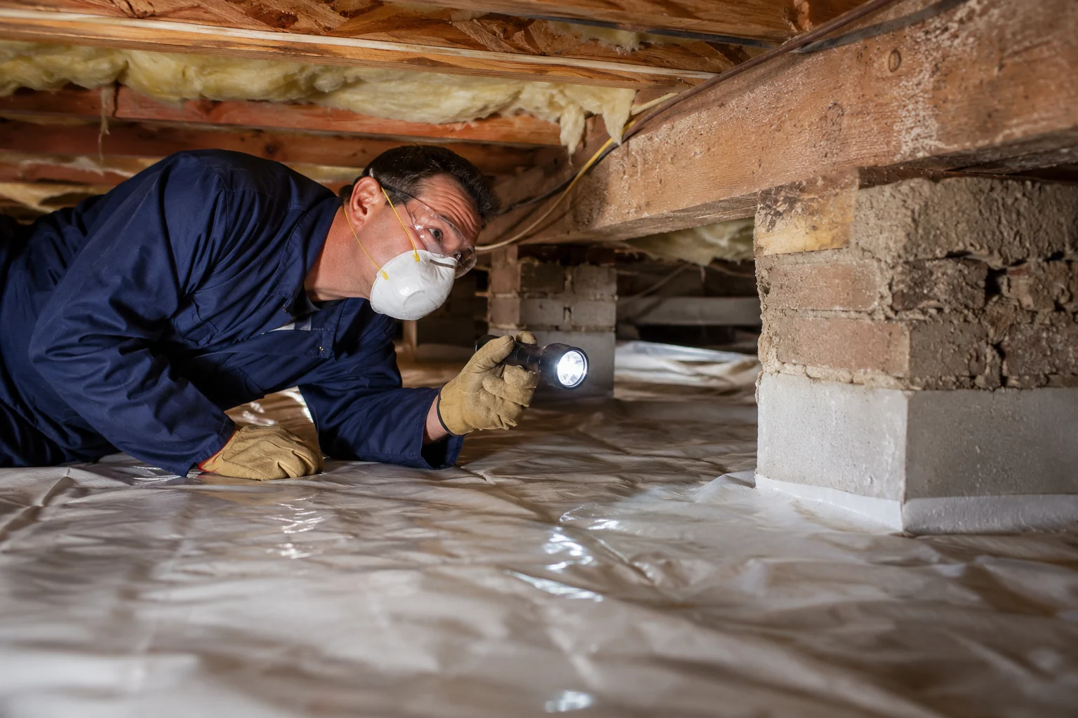 Inspector checking a subfloor area for possible termite or timber pest activity